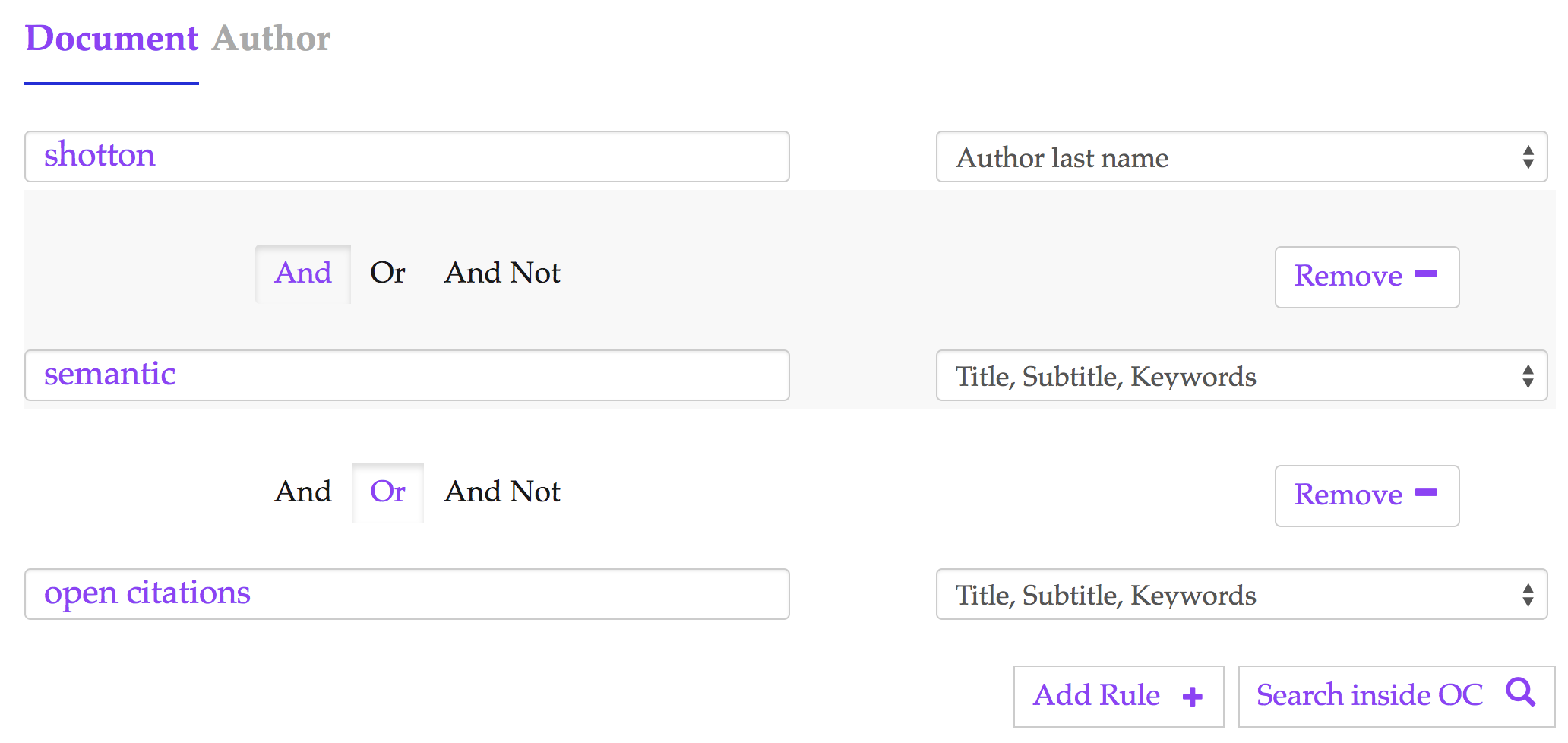 The advanced search interface for the OCC. In this case we are looking for all the documents containing either the words ‘semantic’ or ‘open citations’ in their title/subtitle, and one of the authors with last name ‘shotton’ – http://opencitations.net/search?text=shotton&rule=author_text&text=semantic&rule=any_text&bc=or&text=open+citations&rule=any_text.