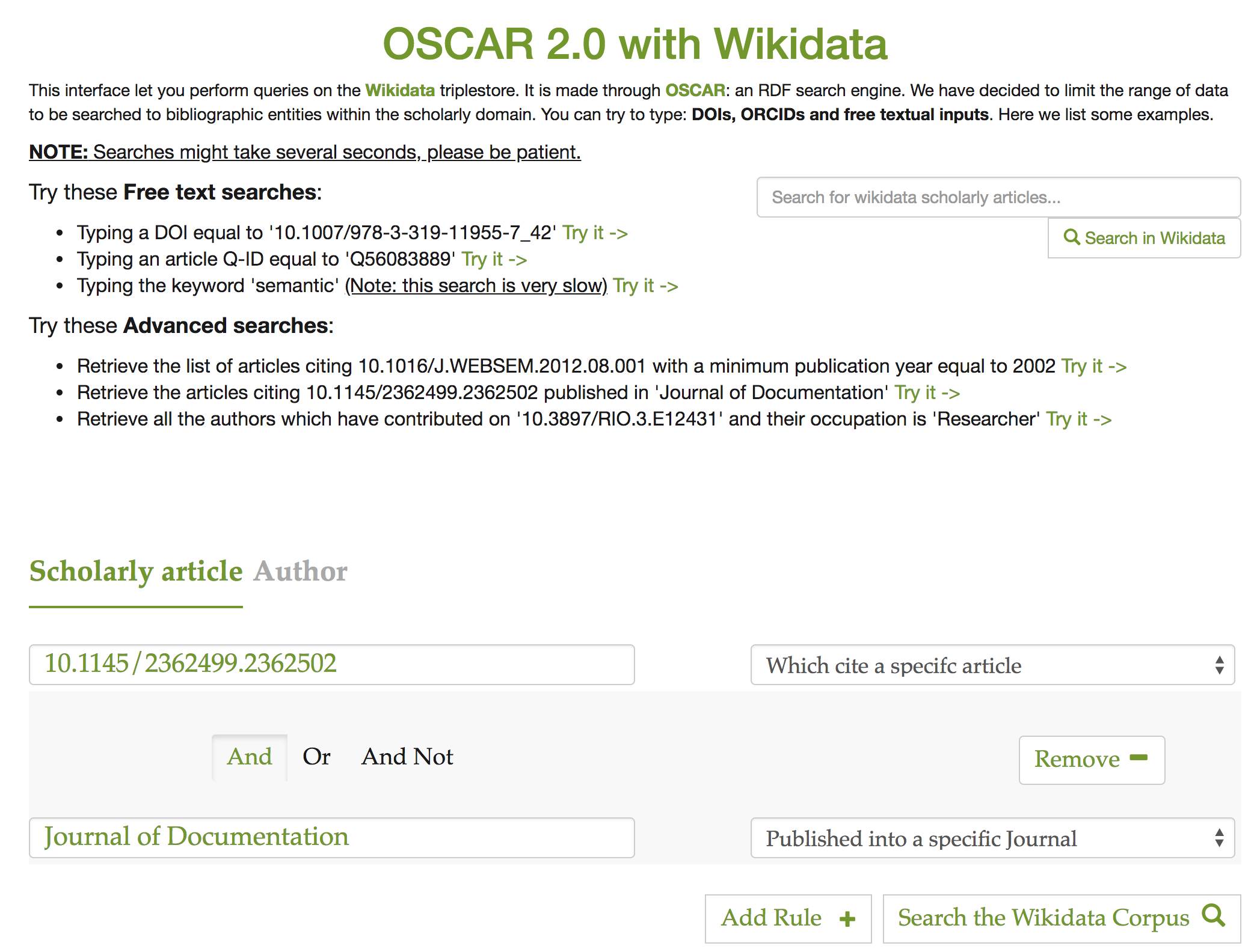 The OSCAR interface for querying the Wikidata scholarly documents. On the top right of the page we have an input box dedicated for the free-text search, while on the bottom we have advanced search dedicated section. The query written in the interface asks to retrieve all the articles citing “10.1145/2362499.2362502” published in “Journal of Documentation”.