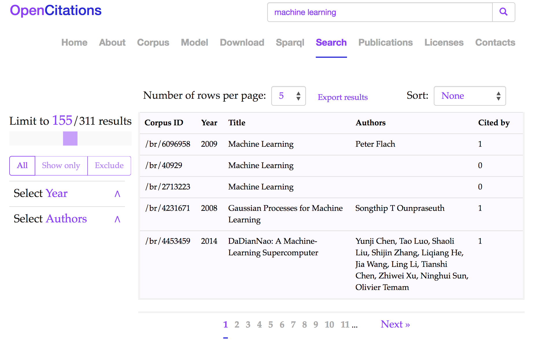 The Results interface of the OSCAR tool in the OpenCitations Corpus website: the results shown are those obtained after the application of a search using the text string “machine learning”. Each row represents a publication, while the fields represent (from left to right): the resource identifier in the OpenCitations Corpus (“Corpus ID”), the year of publication (“year”), the title (“title”), the list of authors (“Authors”), and how many times the publication has been cited by other publications documented within the OCC (“Cited by”).